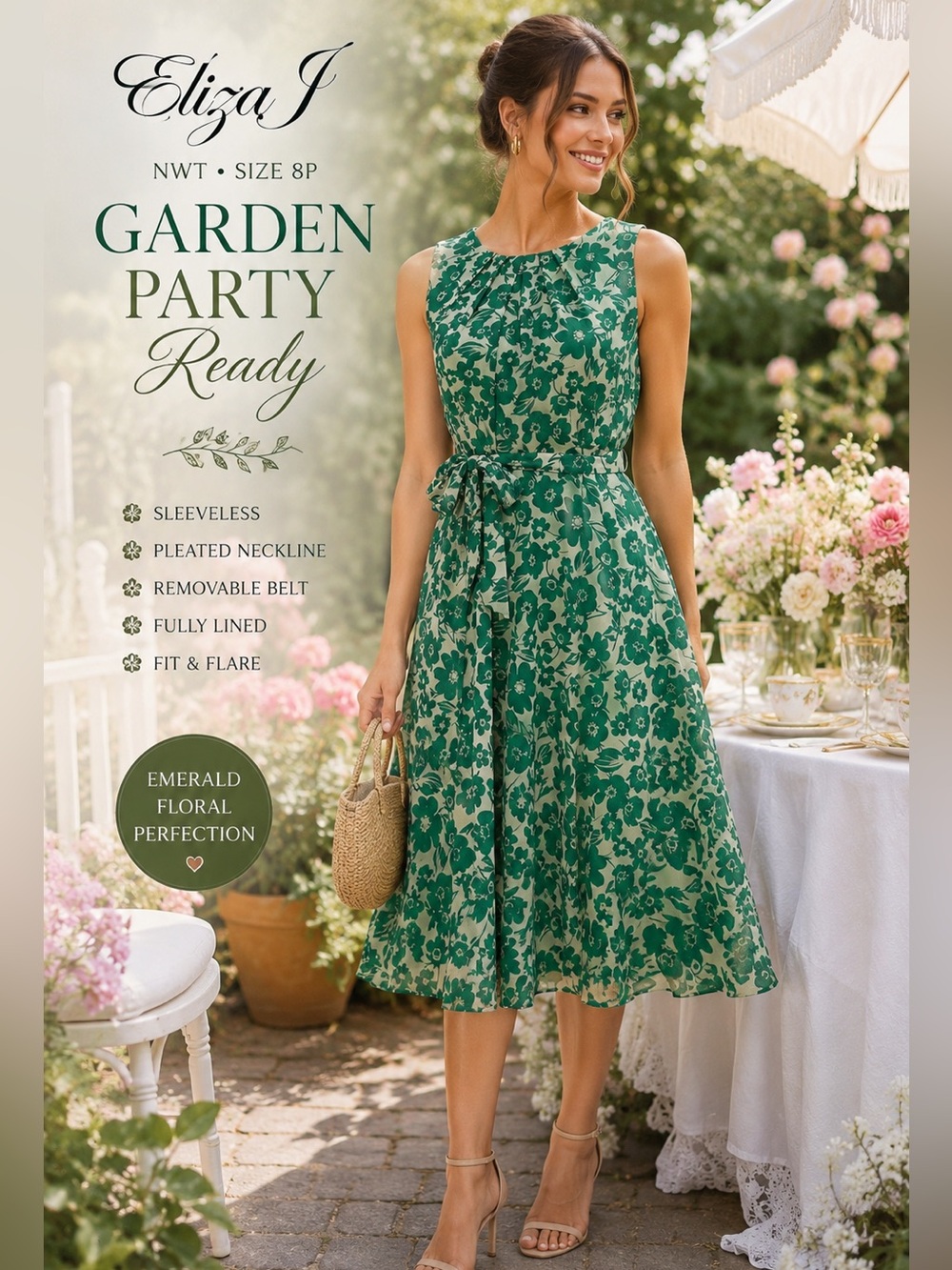 NWT Eliza J Green Floral Sleeveless Fit & Flare Dress Belted Fully Lined Size 8P